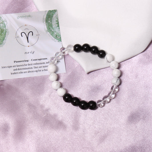 Aries Zodiac Sign Bracelet (Mesh Rashi Bracelet) – Natural Howlite, Black Onyx & Clear Quartz Beads