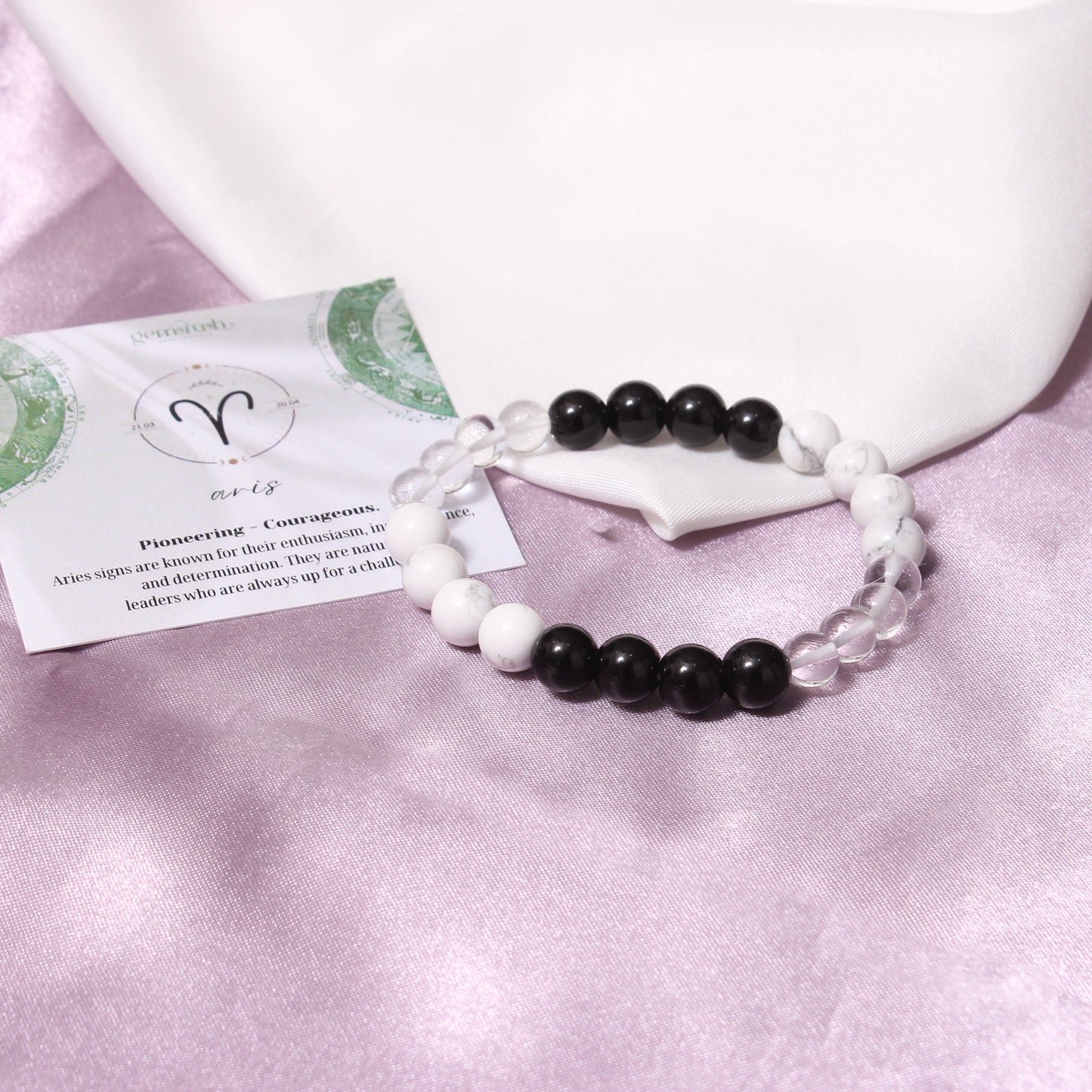 Aries Zodiac Sign Bracelet (Mesh Rashi Bracelet) – Natural Howlite, Black Onyx & Clear Quartz Beads