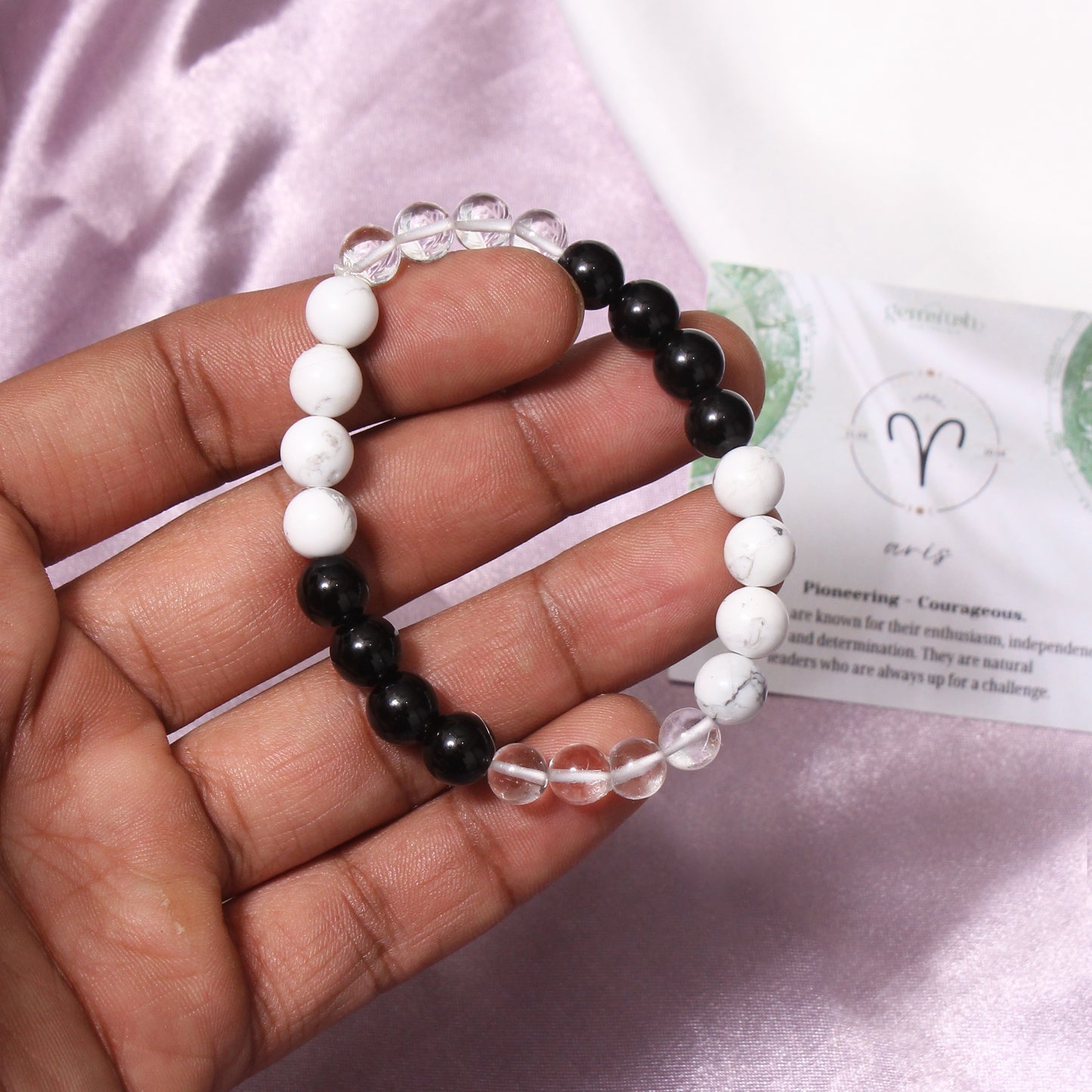 Aries Zodiac Sign Bracelet (Mesh Rashi Bracelet) – Natural Howlite, Black Onyx & Clear Quartz Beads