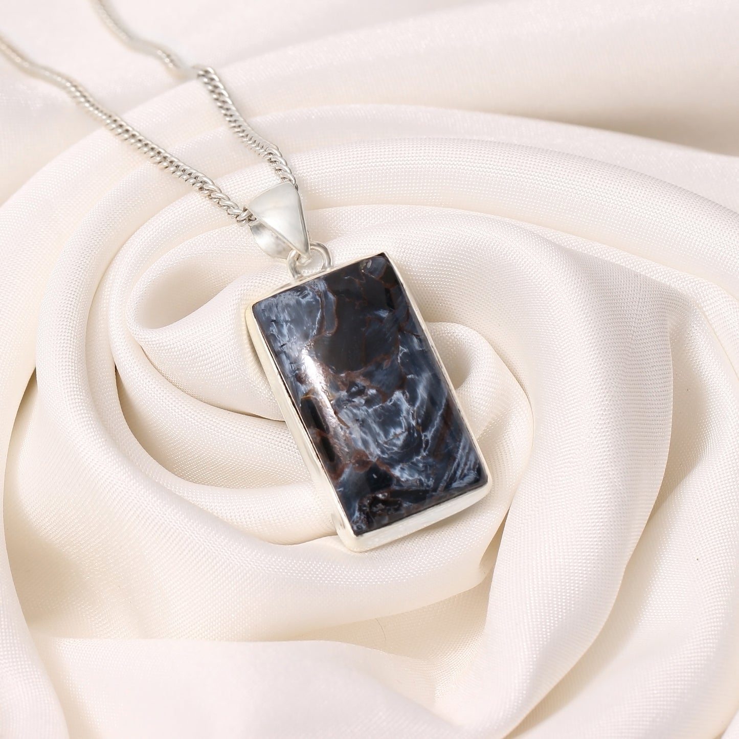 925 Sterling Silver Rectangular Pietersite Pendant Necklace
