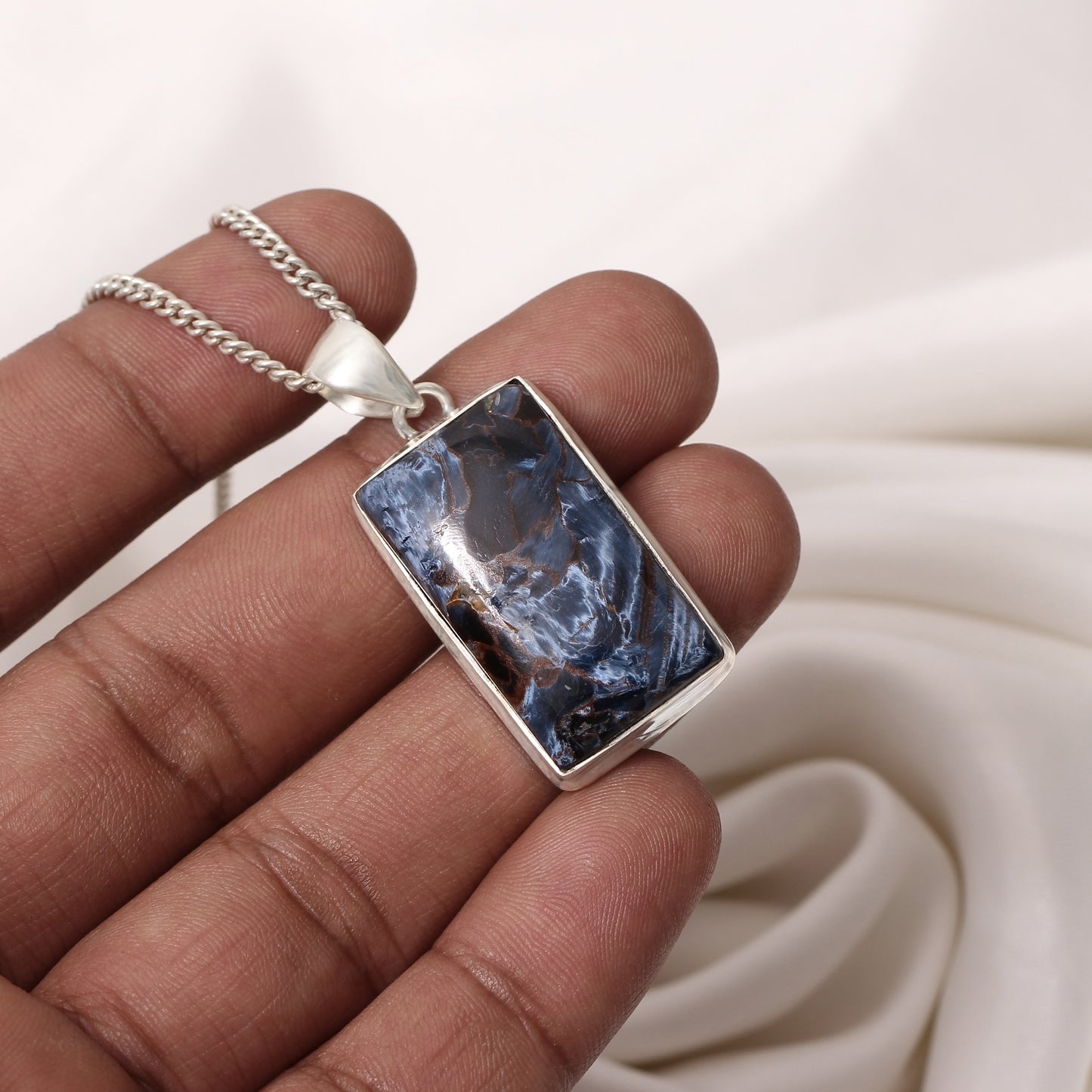 925 Sterling Silver Rectangular Pietersite Pendant Necklace