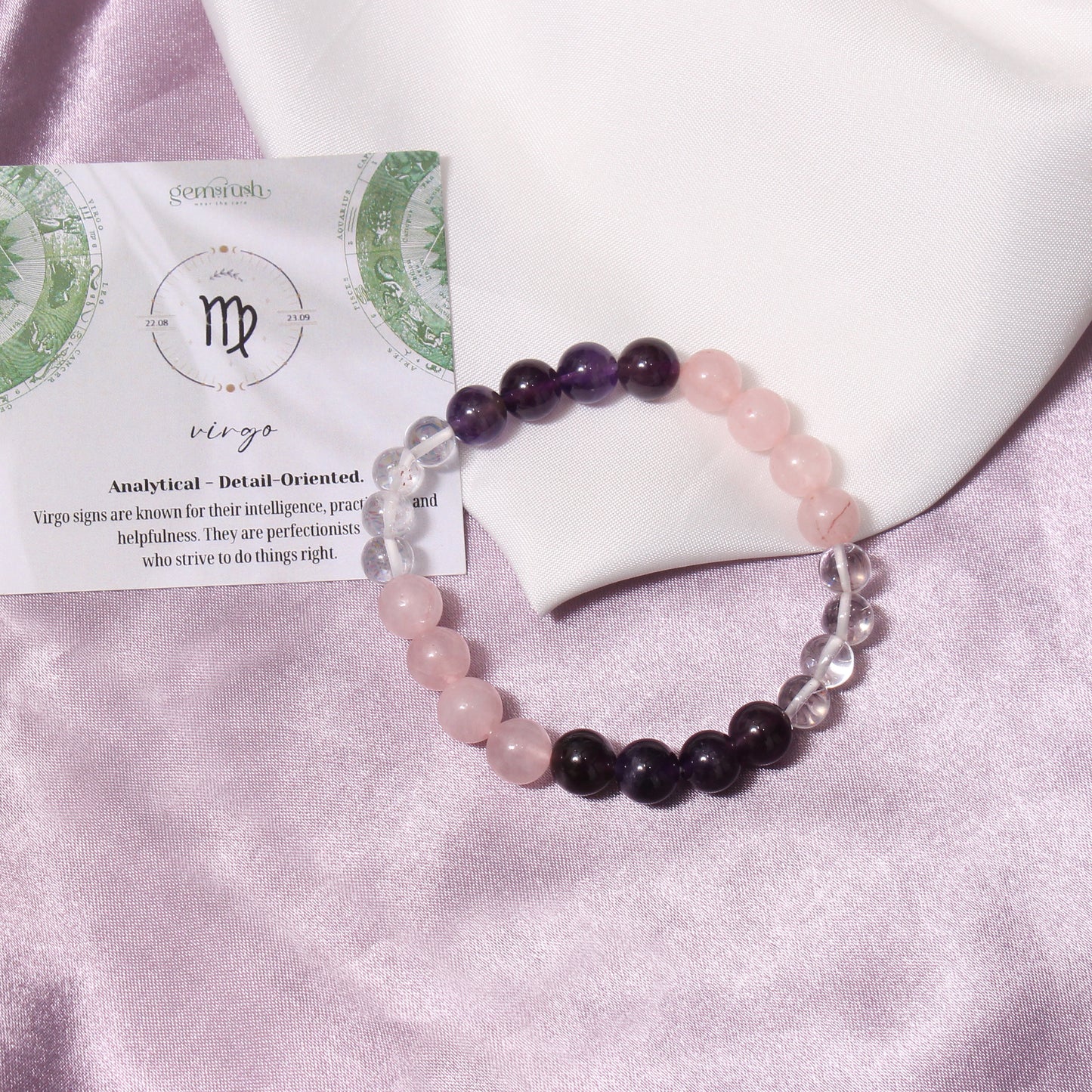 Virgo Zodiac Sign Bracelet (Kanya Rashi) – Natural Amethyst, Rose Quartz, and Clear Quartz Healing Energy Bracelet