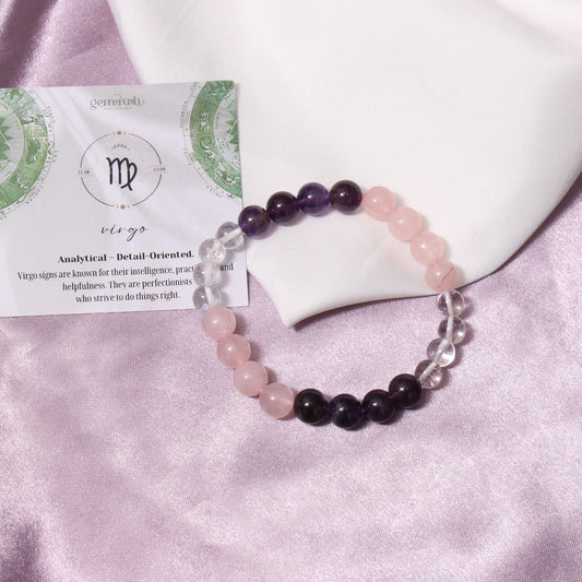 Virgo Zodiac Sign Bracelet (Kanya Rashi) – Natural Amethyst, Rose Quartz, and Clear Quartz Healing Energy Bracelet