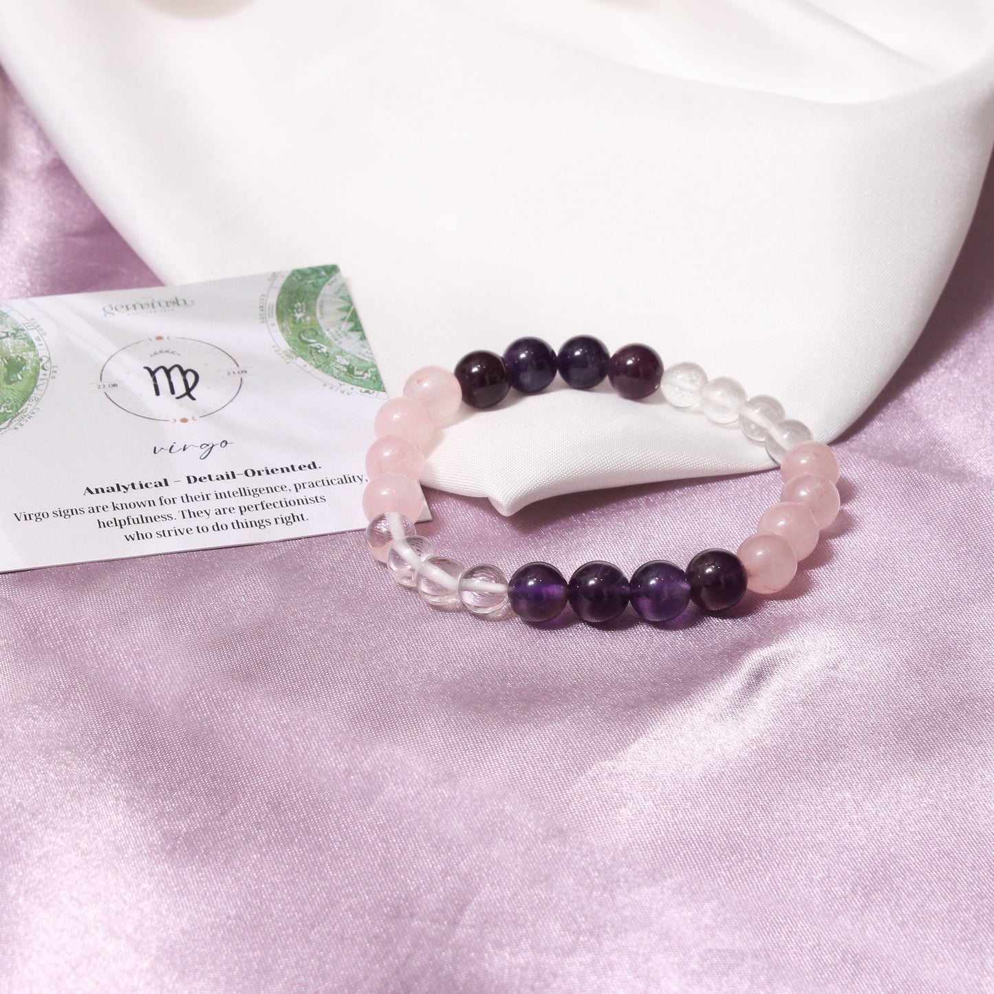 Virgo Zodiac Sign Bracelet (Kanya Rashi) – Natural Amethyst, Rose Quartz, and Clear Quartz Healing Energy Bracelet
