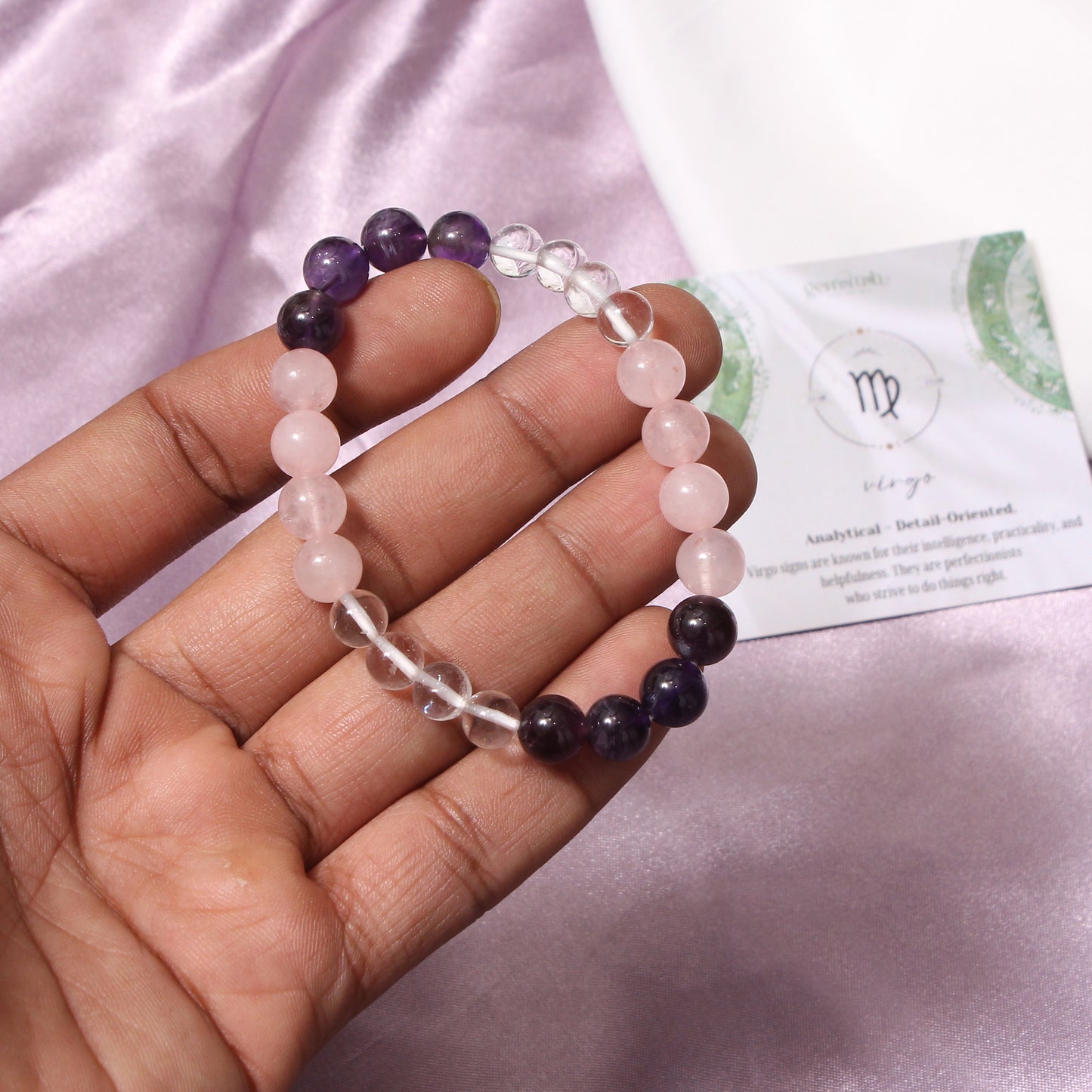 Virgo Zodiac Sign Bracelet (Kanya Rashi) – Natural Amethyst, Rose Quartz, and Clear Quartz Healing Energy Bracelet