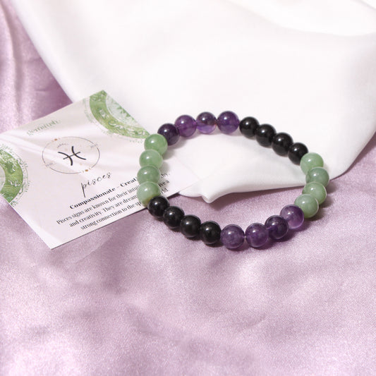 Pisces Zodiac Sign Bracelet (मीन राशि कंगन) – Natural Amethyst, Green Aventurine & Black Tourmaline Beaded Healing Jewelry