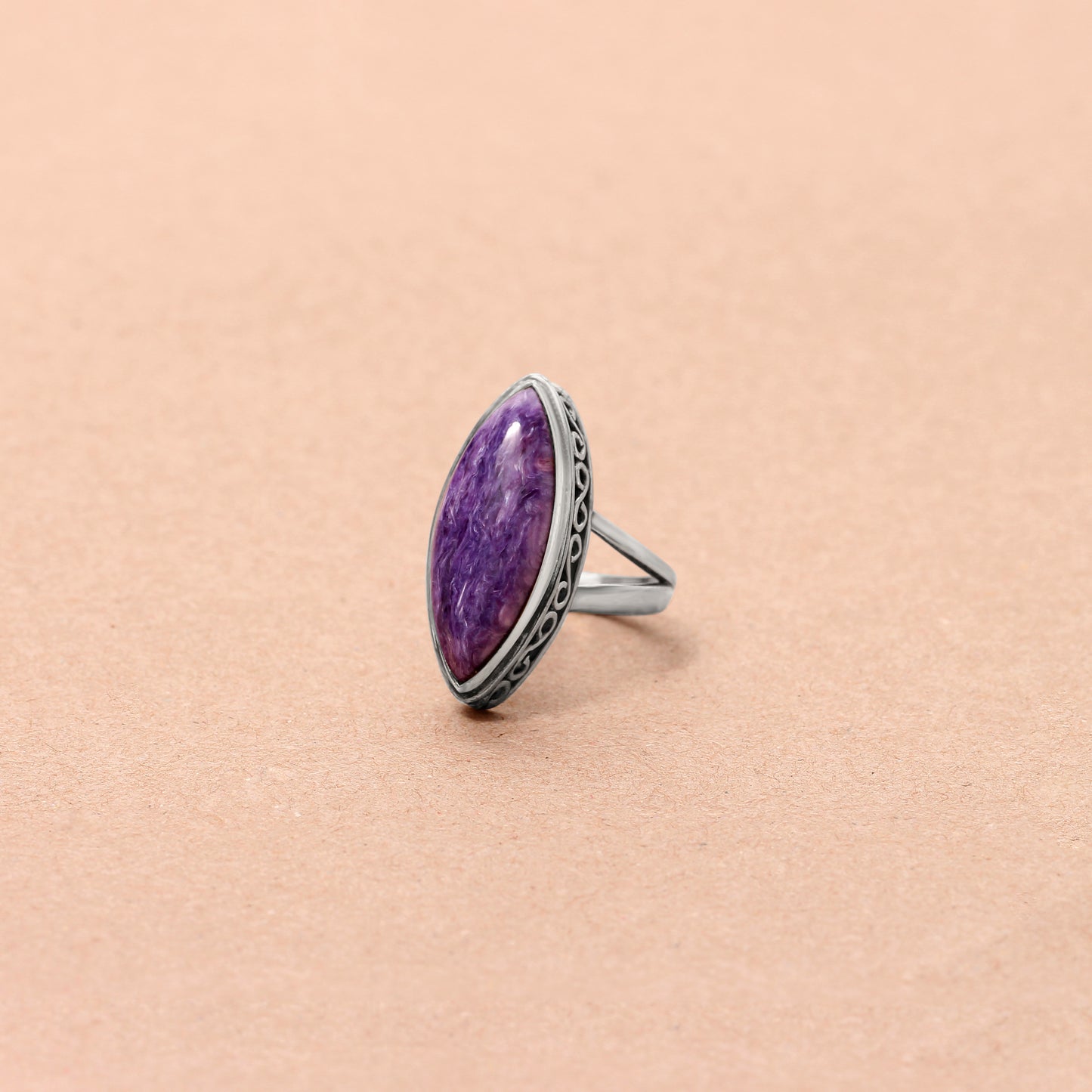 925 Sterling Silver Charoite Marquise Ring – Purple Gemstone Elegance