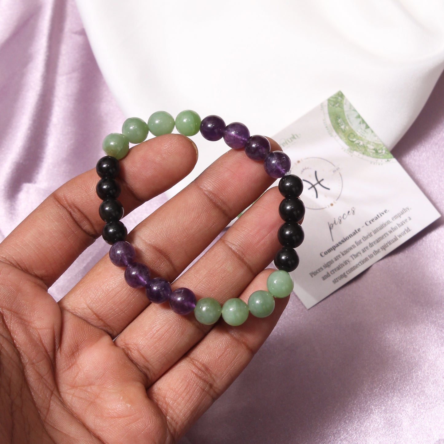 Pisces Zodiac Sign Bracelet (मीन राशि कंगन) – Natural Amethyst, Green Aventurine & Black Tourmaline Beaded Healing Jewelry