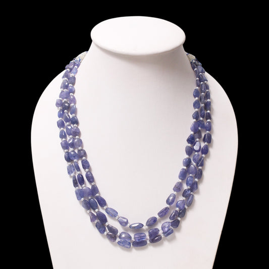 Natural Tanzanite and Pearl Three-Layer Beaded Necklace – Elegant Handmade Gemstone Jewelry