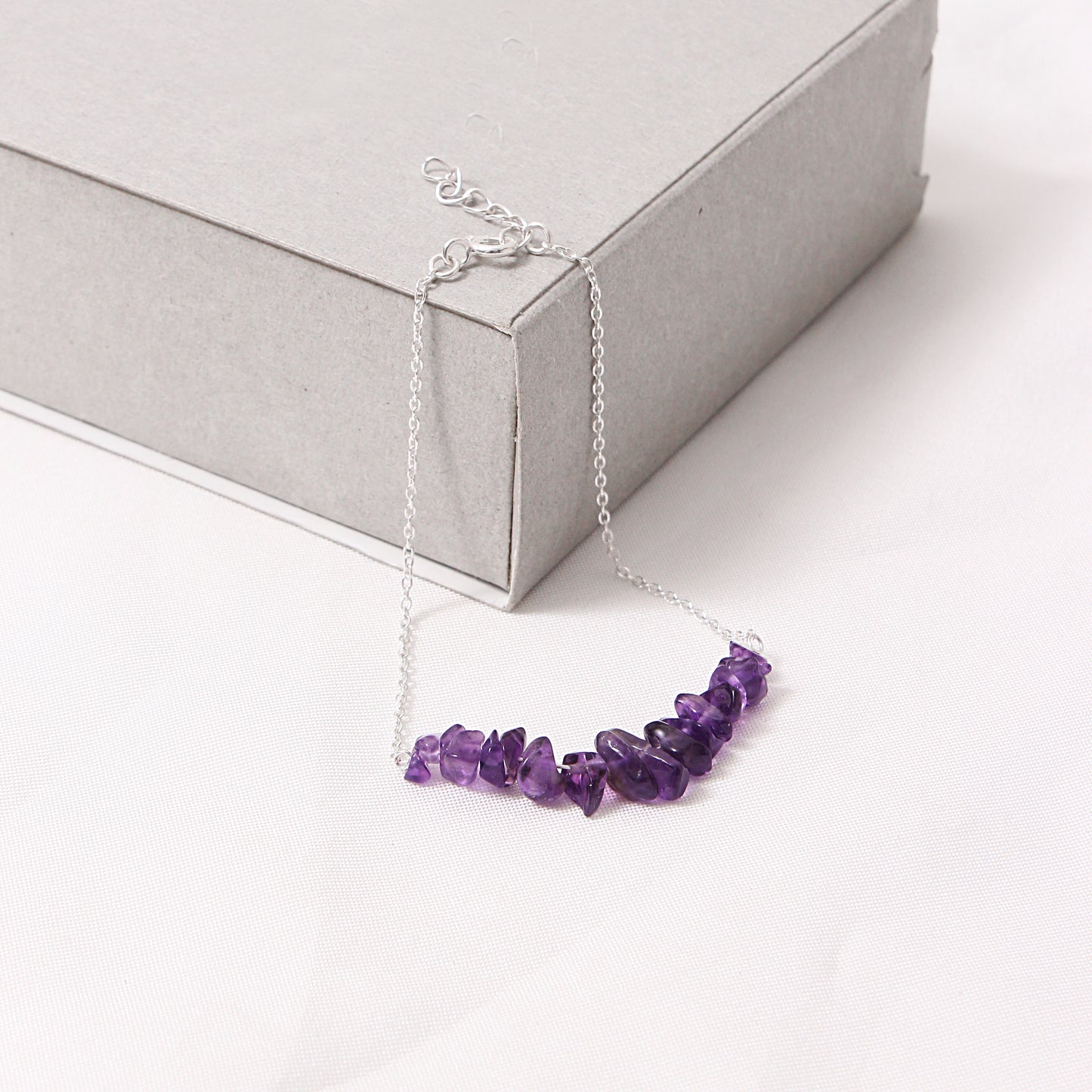 925 Sterling Silver Amethyst Beaded Chain Bracelet