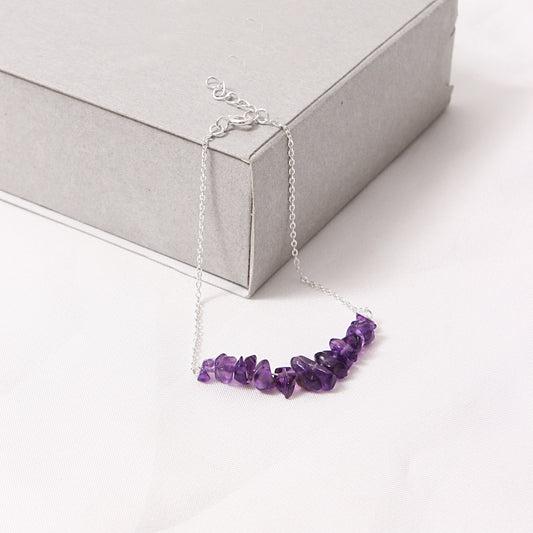 925 Sterling Silver Amethyst Beaded Chain Bracelet