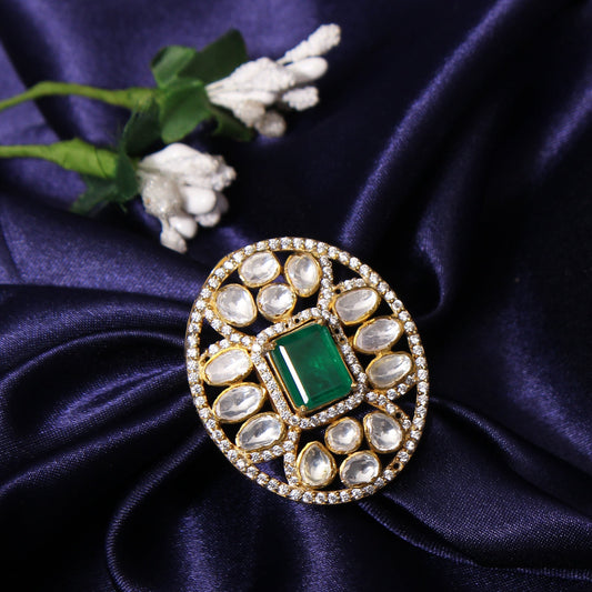 Elegance: Simulated Emerald & Faux Diamond Traditional Indian Ring (Adjustable)