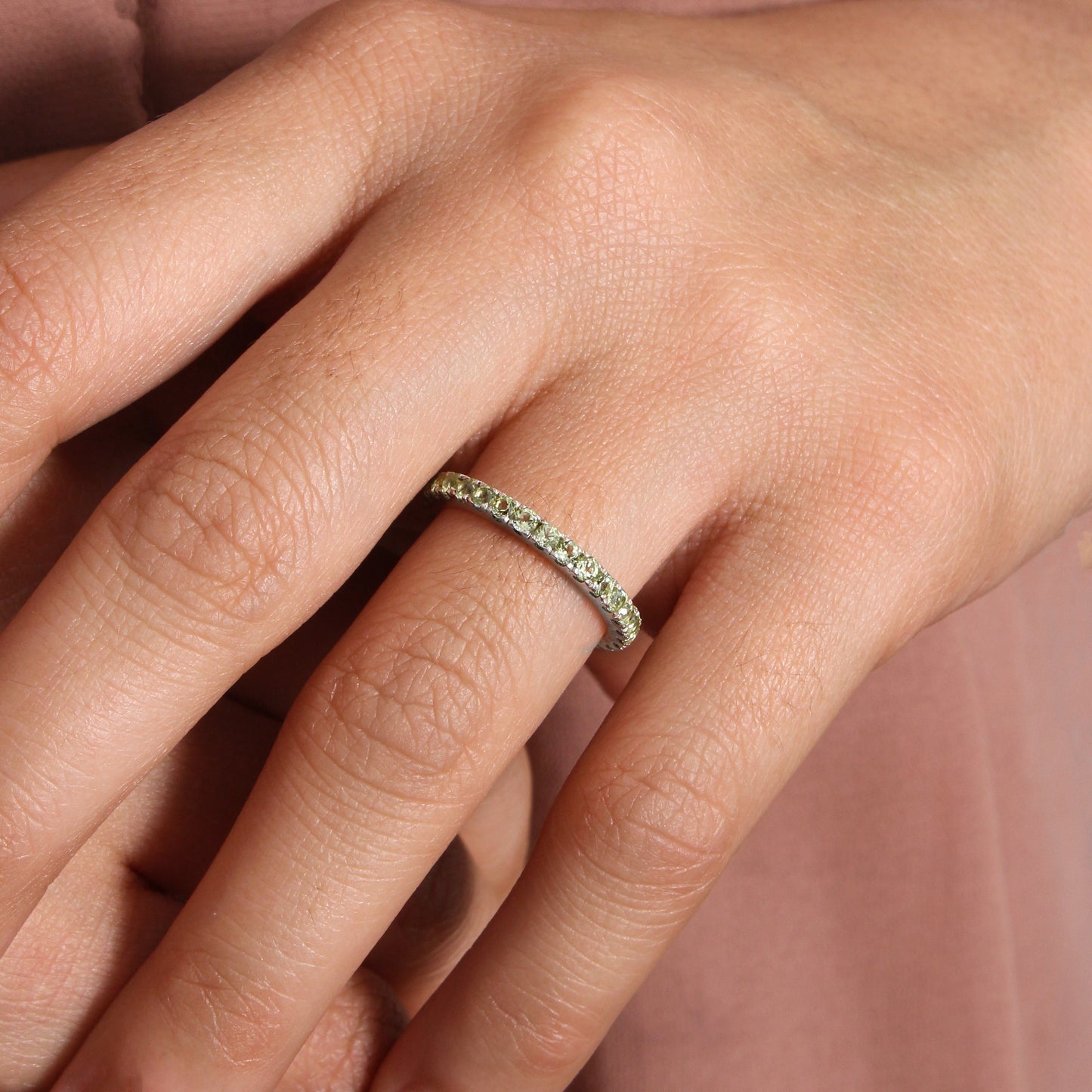 Natural Green Peridot Eternity Band – Sterling Silver Stackable Ring