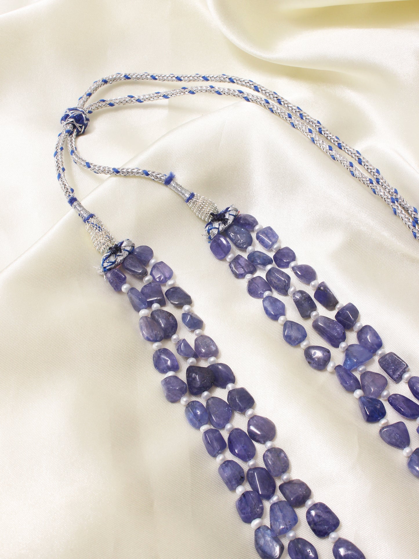 Natural Tanzanite and Pearl Three-Layer Beaded Necklace – Elegant Handmade Gemstone Jewelry