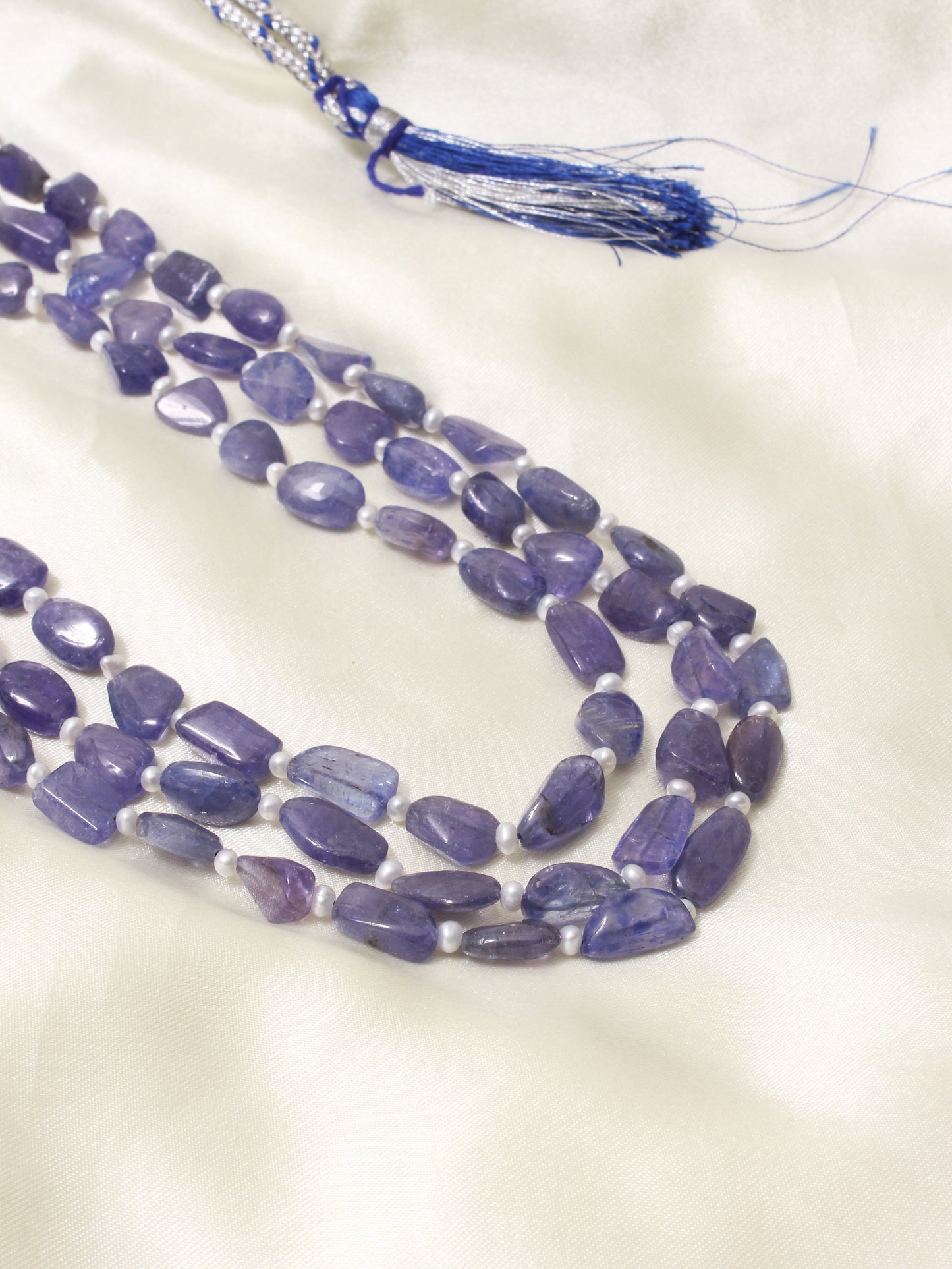 Natural Tanzanite and Pearl Three-Layer Beaded Necklace – Elegant Handmade Gemstone Jewelry