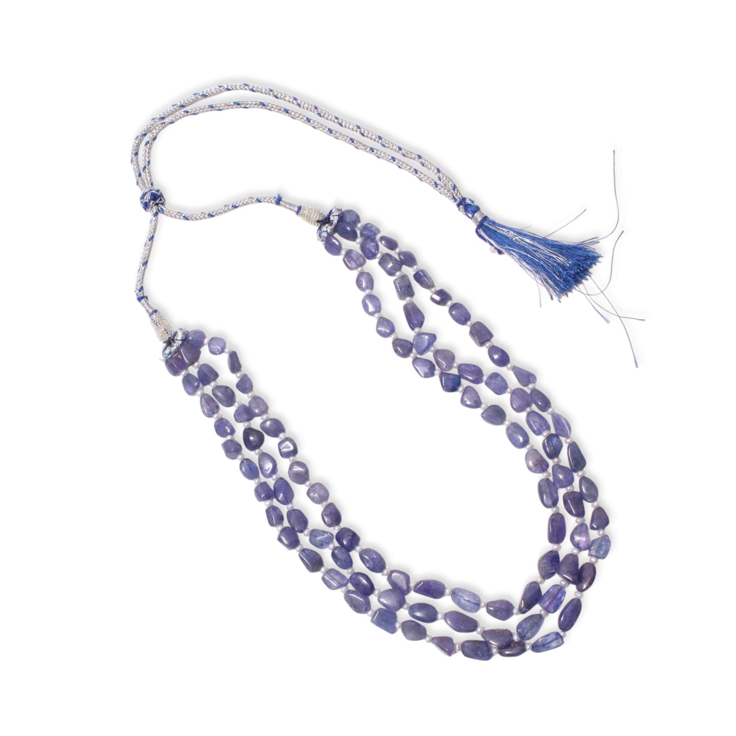 Natural Tanzanite and Pearl Three-Layer Beaded Necklace – Elegant Handmade Gemstone Jewelry