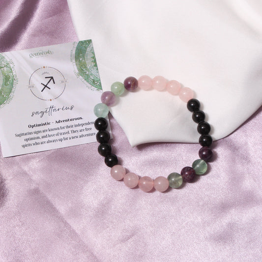 Sagittarius Zodiac Bracelet (Dhanu Rashi Bracelet) – Rose Quartz, Fluorite & Black Tourmaline Beads