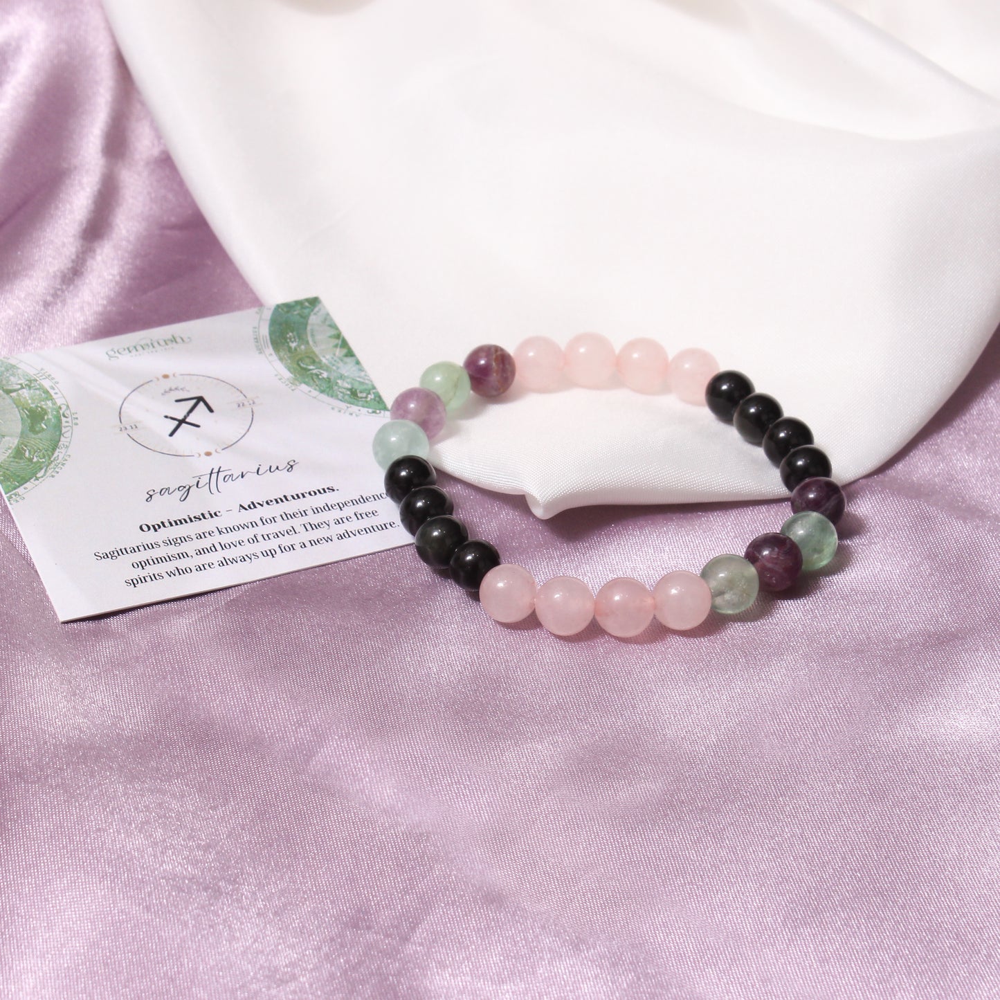 Sagittarius Zodiac Bracelet (Dhanu Rashi Bracelet) – Rose Quartz, Fluorite & Black Tourmaline Beads