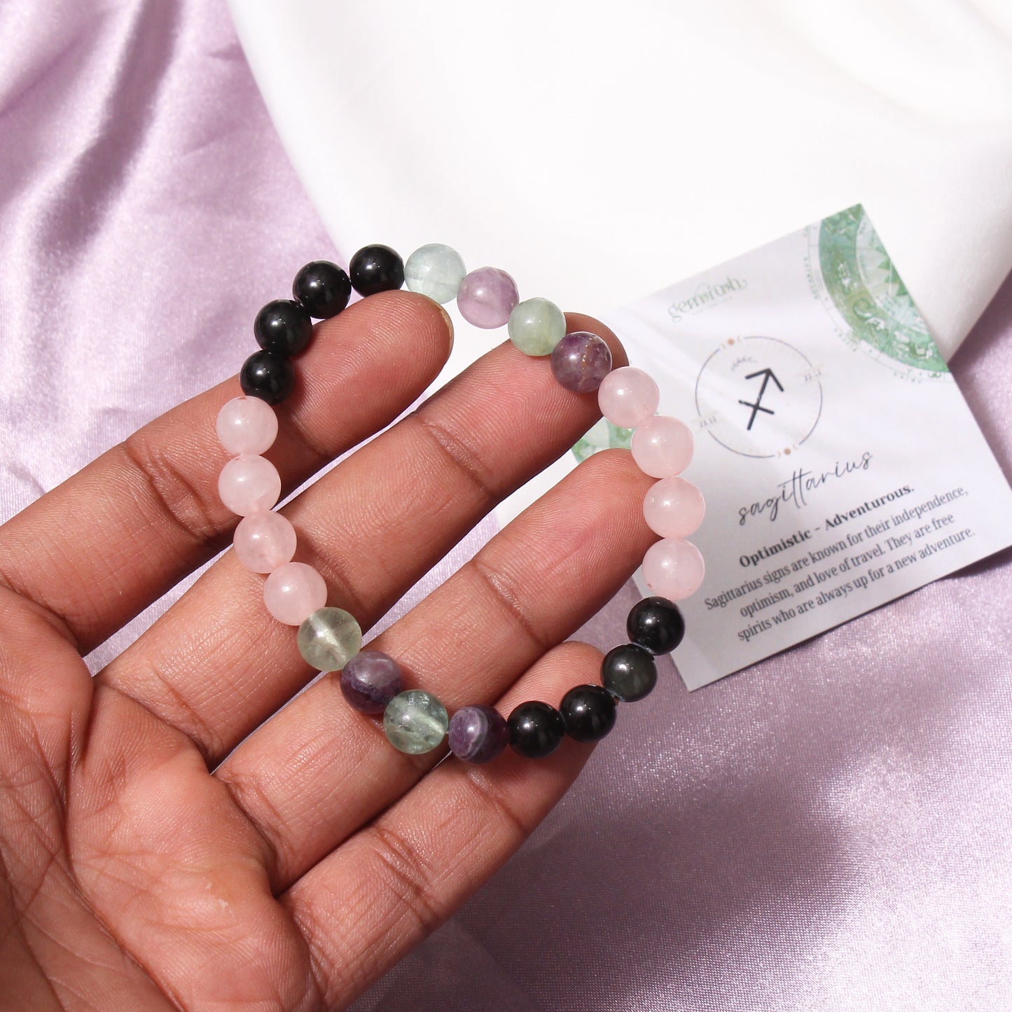 Sagittarius Zodiac Bracelet (Dhanu Rashi Bracelet) – Rose Quartz, Fluorite & Black Tourmaline Beads