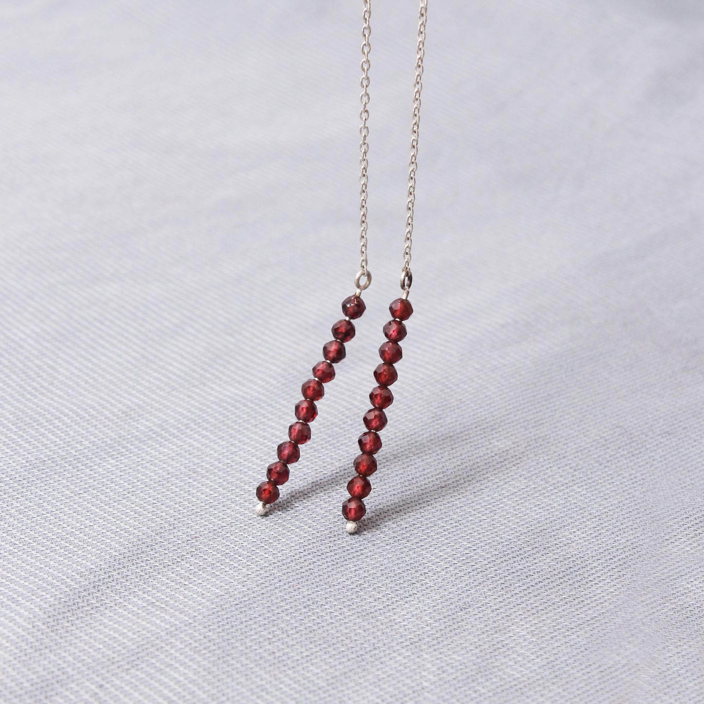 925 Sterling Silver Garnet Threader Earrings – Elegant Dangle Design