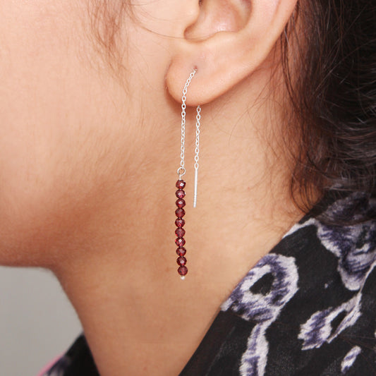 925 Sterling Silver Garnet Threader Earrings – Elegant Dangle Design