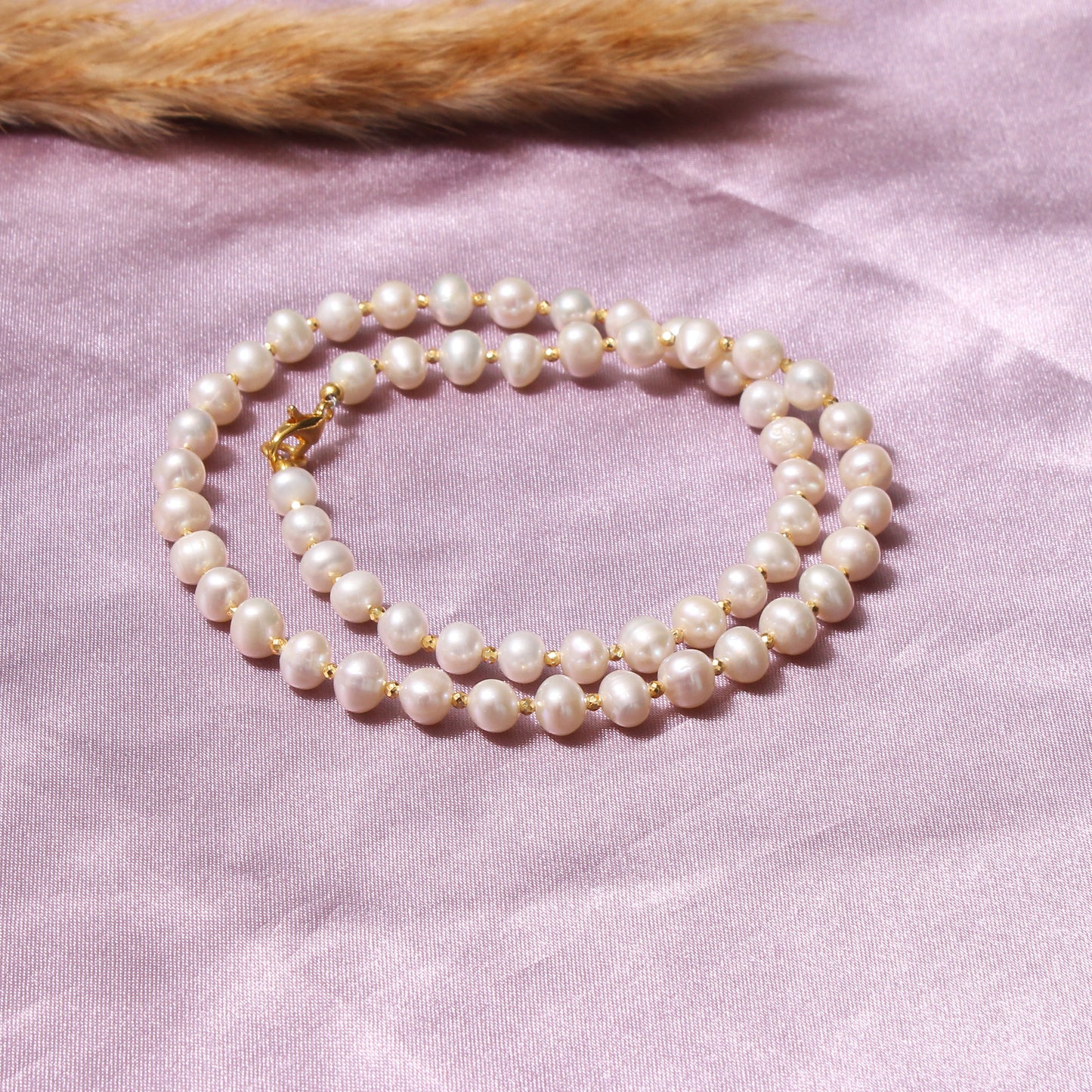 Pearl And Golden pyrite Beaded Gemstone Necklace