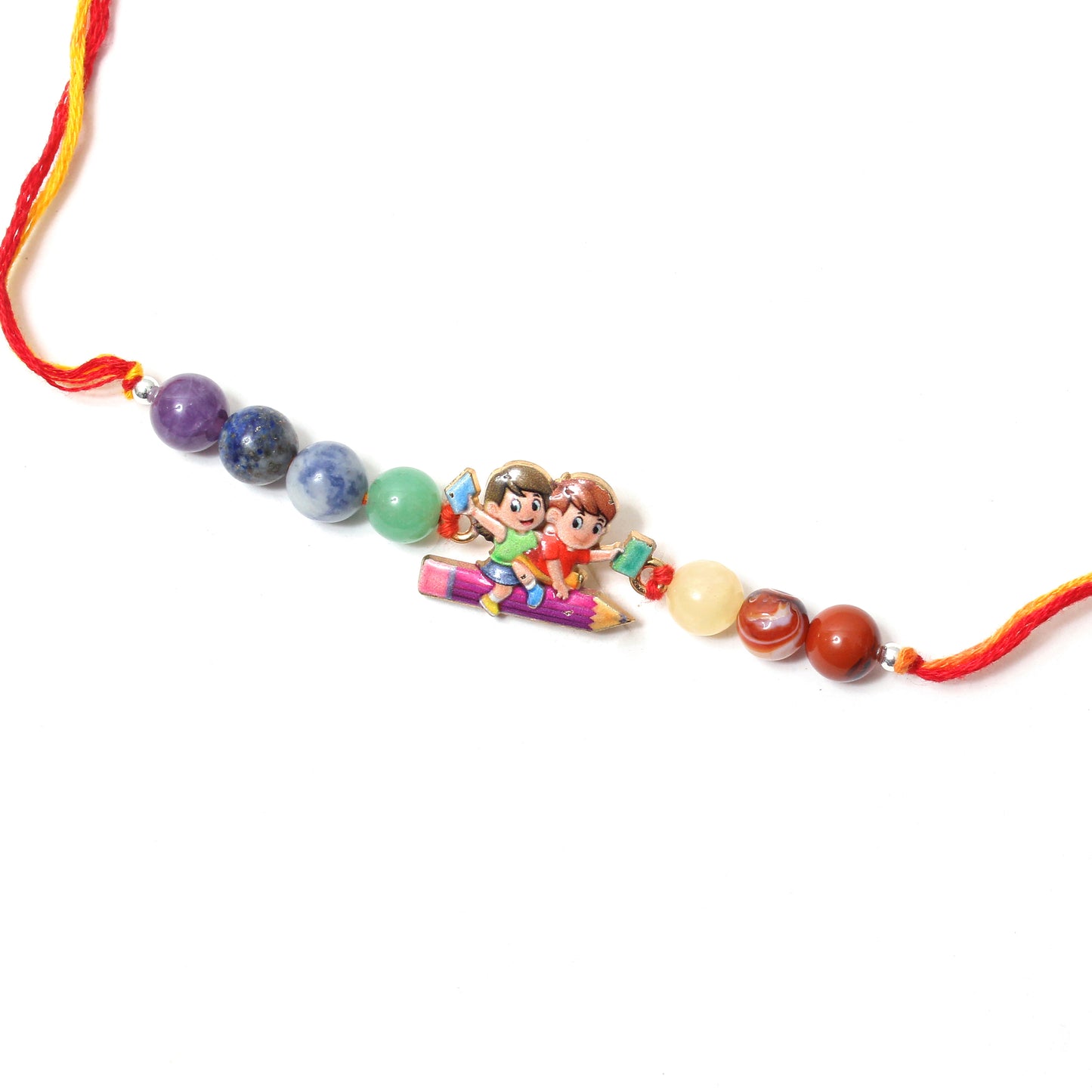 Cartoon School-Themed Gemstone Rakhi for Kids – Colorful Beads with Pencil Ride Charm