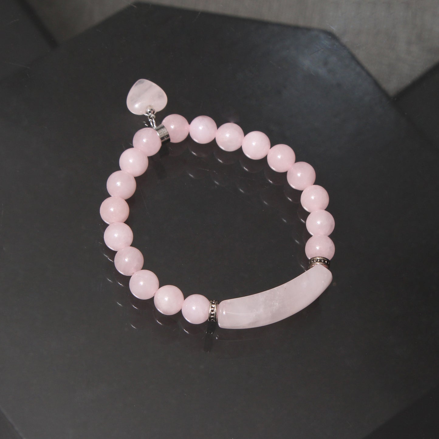Pink Rose Quartz Beaded Bracelet with Heart Charm – Love & Healing Energy Bracelet