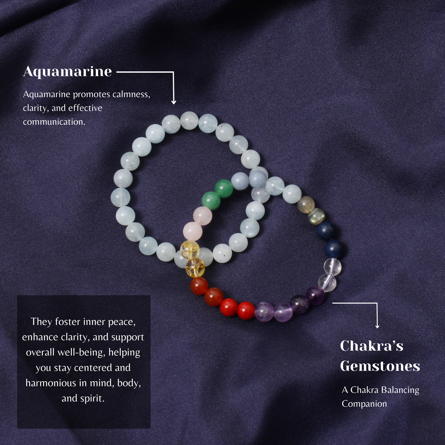 7 Chakras + Aquamarine Healing Stretchable Gemstone Bracelet – Calmness, Clarity & Communication