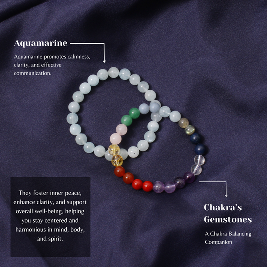 7 Chakras + Aquamarine Healing Stretchable Gemstone Bracelet – Calmness, Clarity & Communication