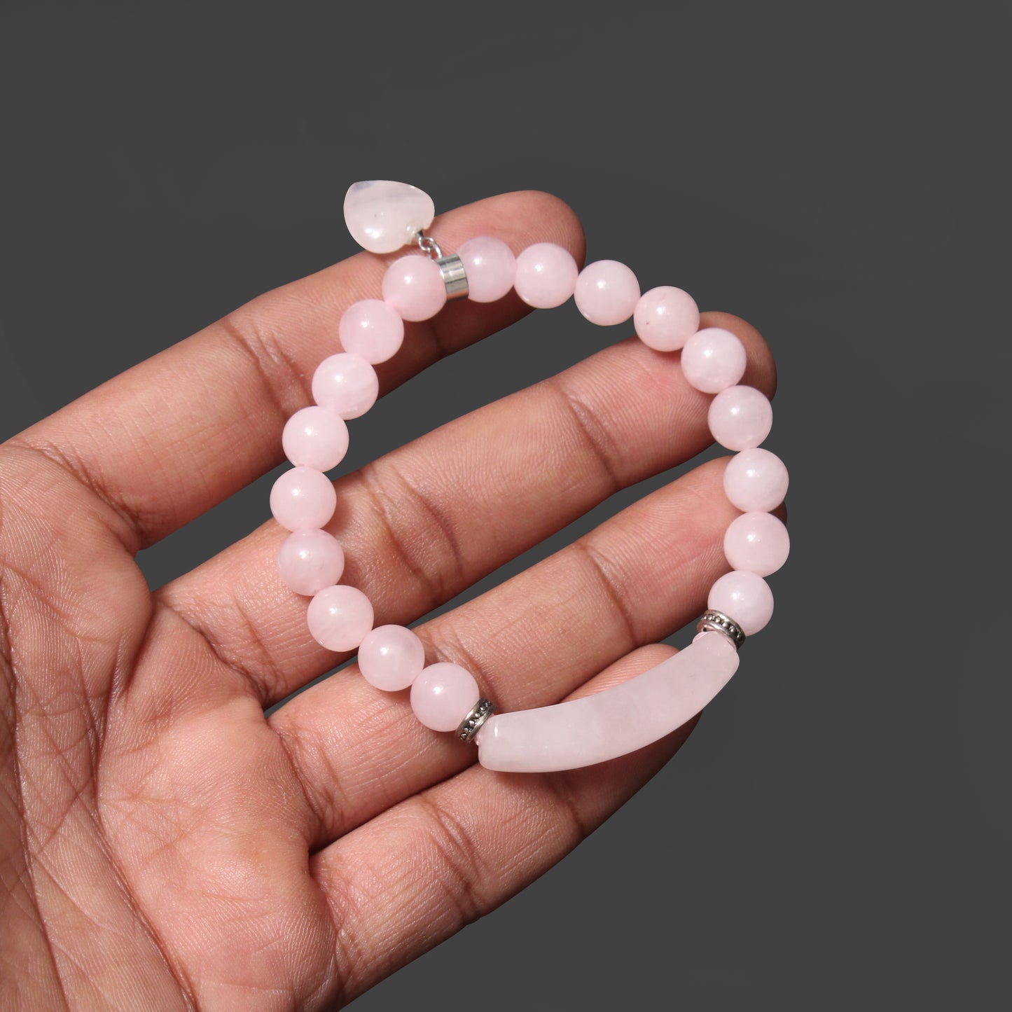 Pink Rose Quartz Beaded Bracelet with Heart Charm – Love & Healing Energy Bracelet