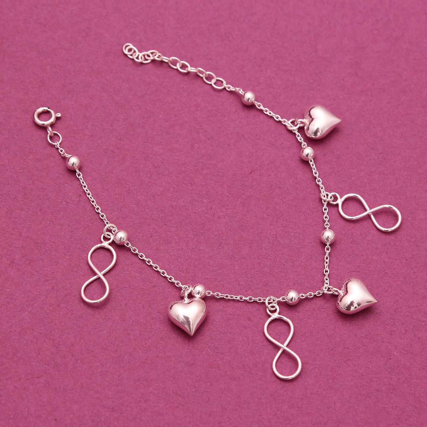 Infinity and Heart Love Silver Bracelet , Beautiful Bracelet 925 Sterling Silver .