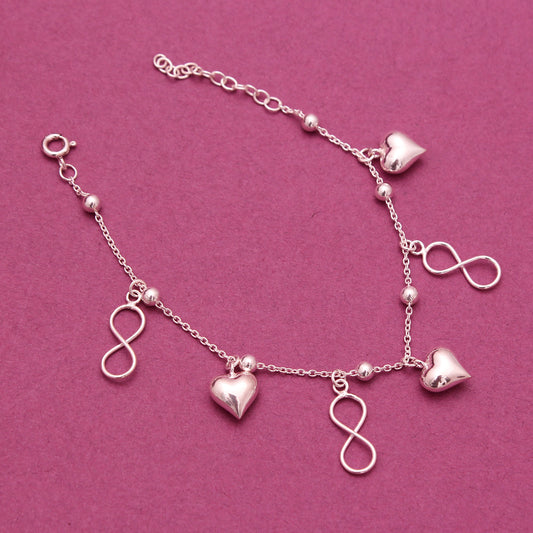Infinity and Heart Love Silver Bracelet , Beautiful Bracelet 925 Sterling Silver .