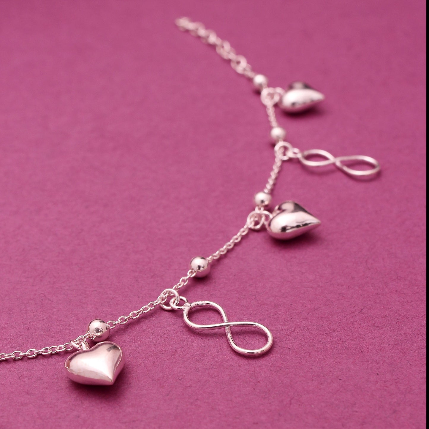 Infinity and Heart Love Silver Bracelet , Beautiful Bracelet 925 Sterling Silver .