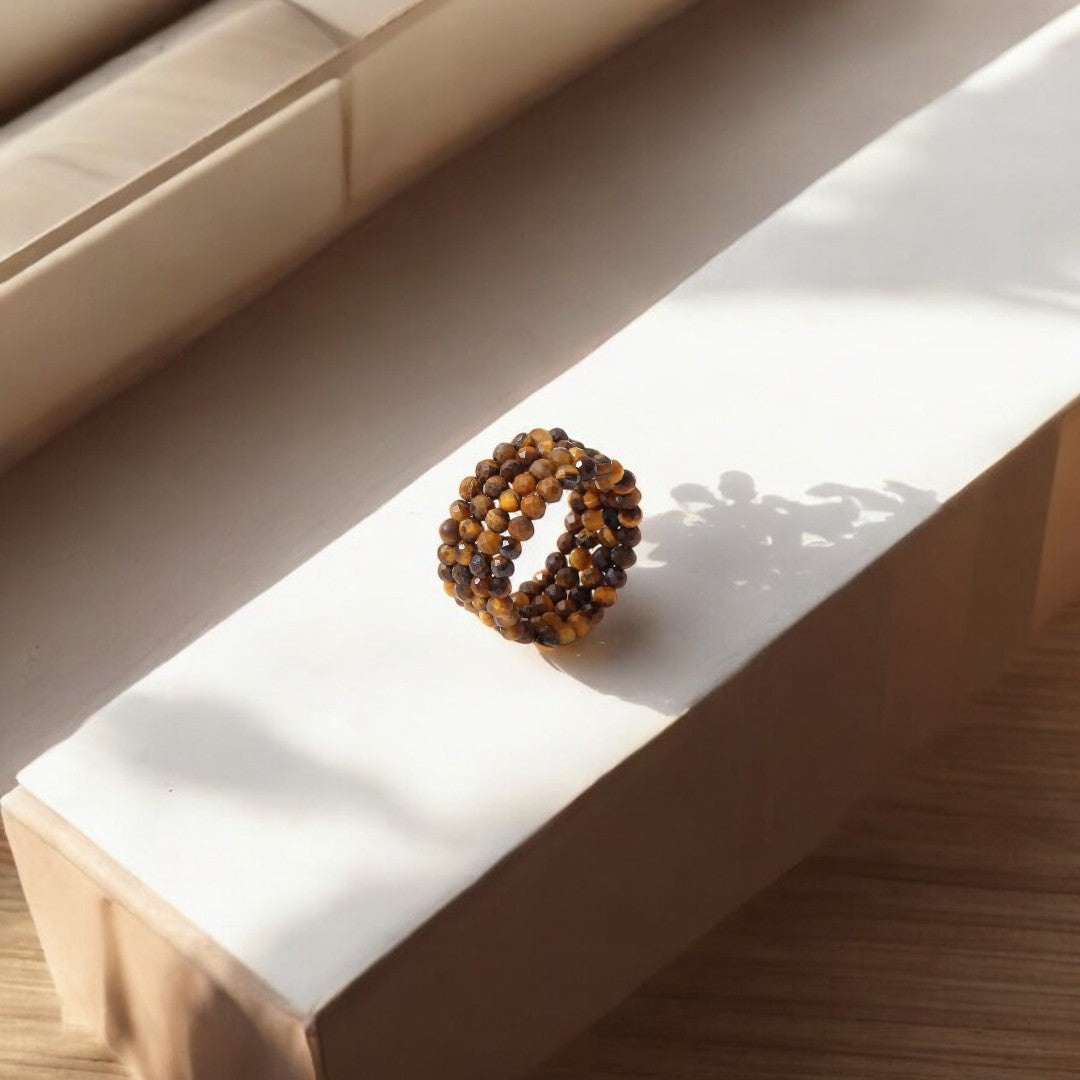 Natural Tiger's Eye Gemstone Beaded Ring – Stretchable, Unisex, Natural Energy Healing Jewelry