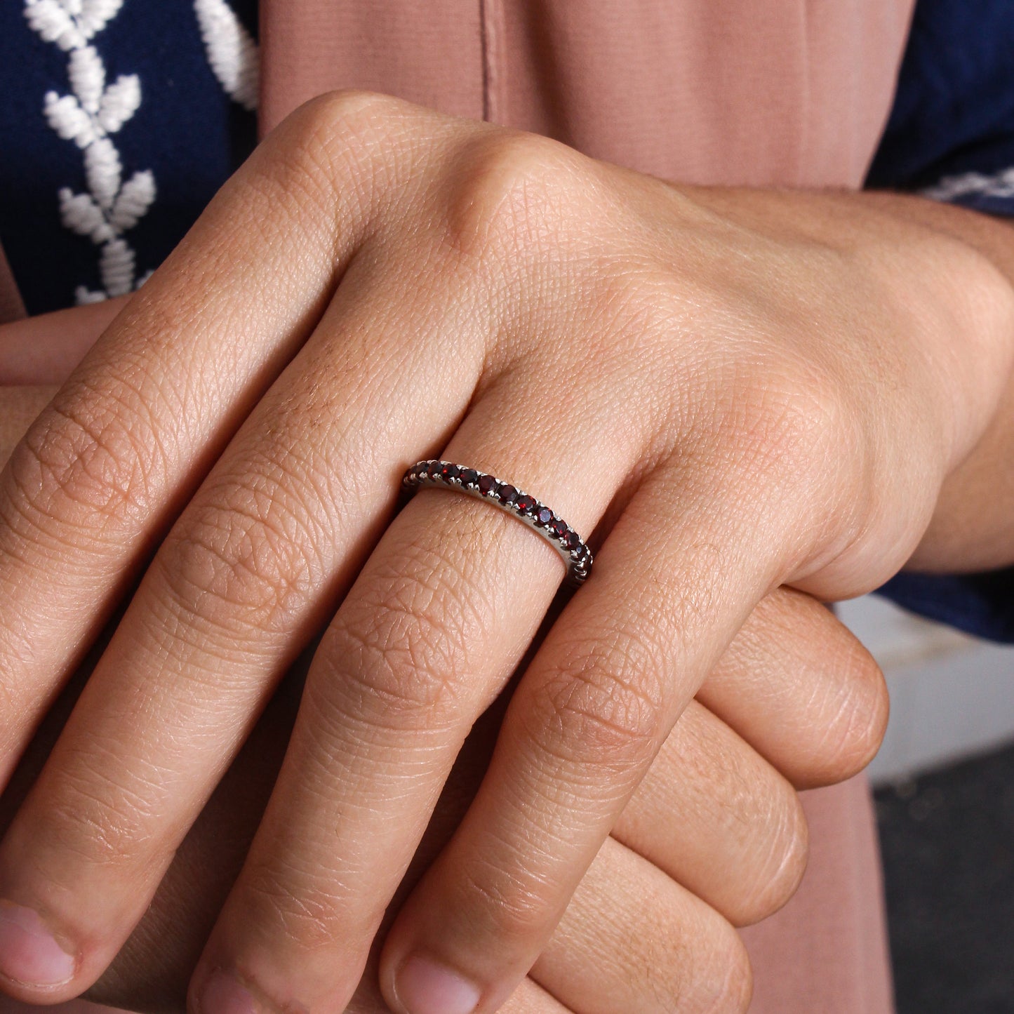 925 Sterling Silver Red Garnet Stacking Ring | Natural Gemstone Eternity Band