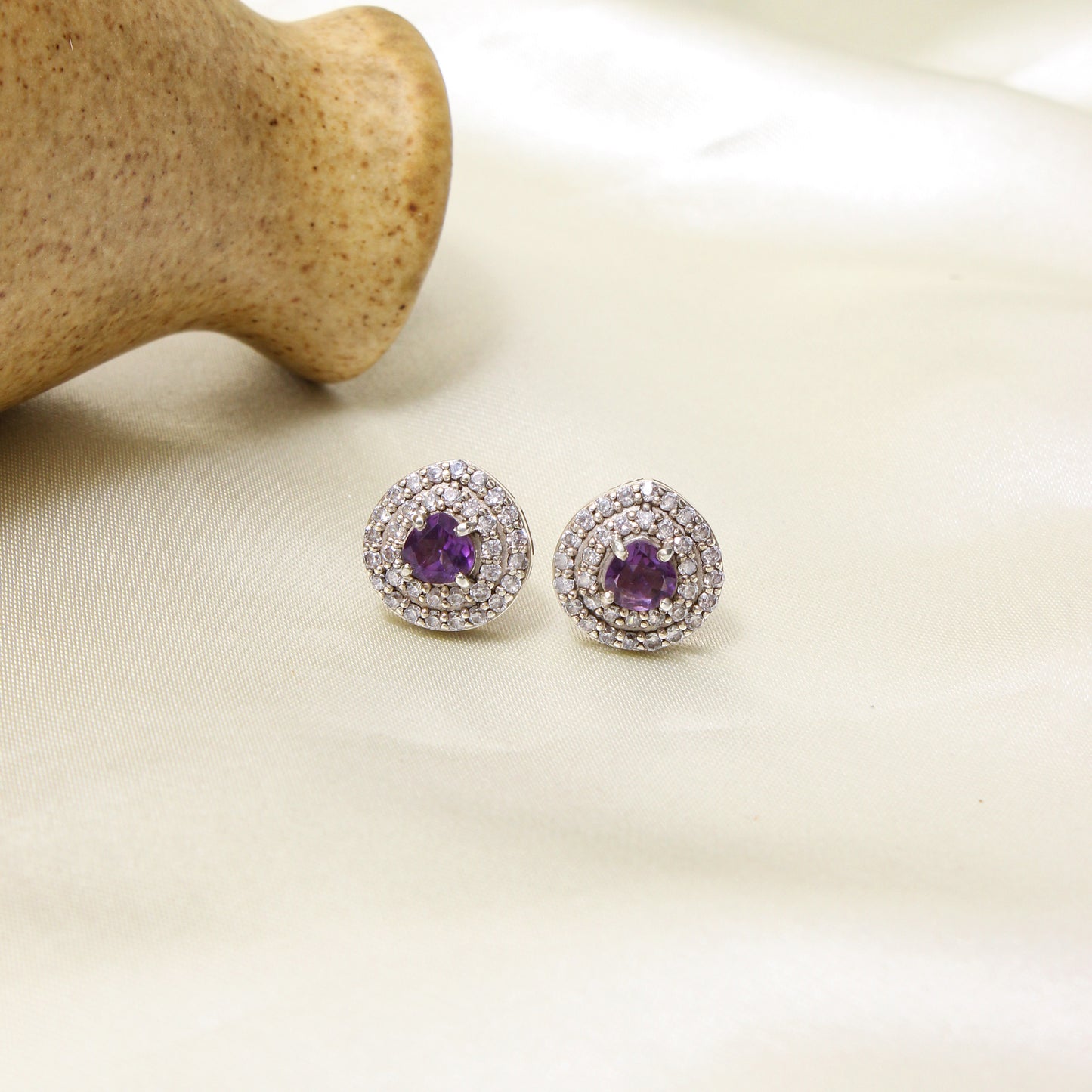 Elegant Natural Amethyst Stud Earrings – 925 Sterling Silver Round Halo Design Sparkling Gemstone Jewelry for Women