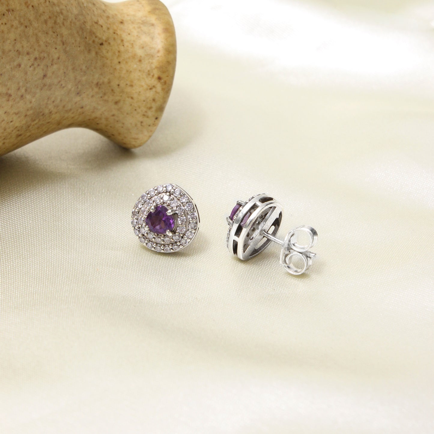Elegant Natural Amethyst Stud Earrings – 925 Sterling Silver Round Halo Design Sparkling Gemstone Jewelry for Women