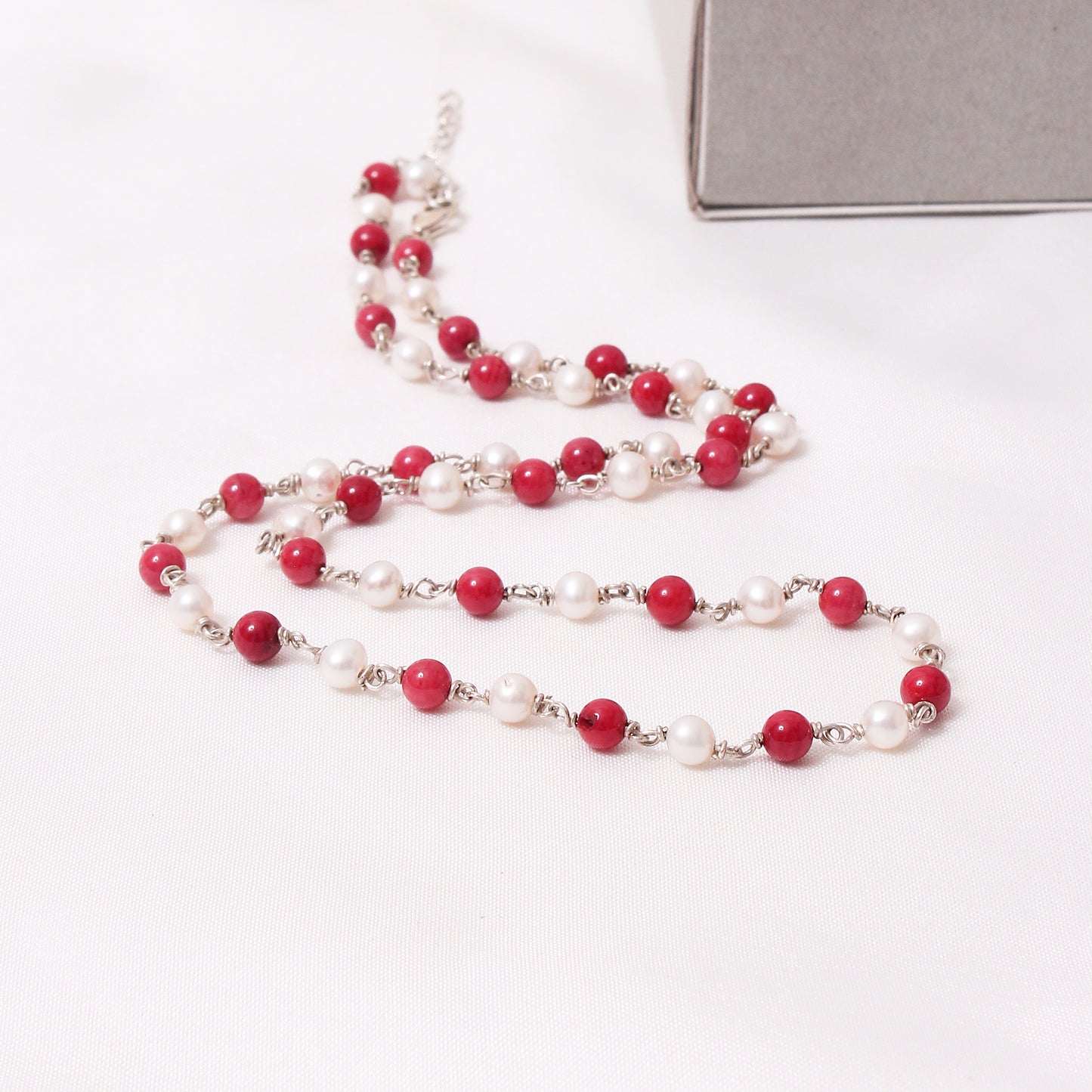 925 Sterling Silver Pearl and Red Coral Beaded Necklace - Elegant Handmade Jewelry