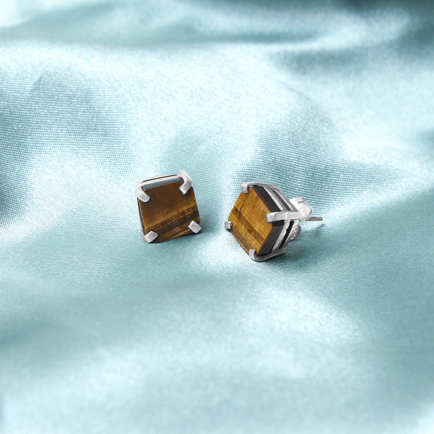 925 Sterling Silver Natural Tiger Eye Stud Earrings – Bold Square Cut Gemstone Earrings for Confidence & Protection