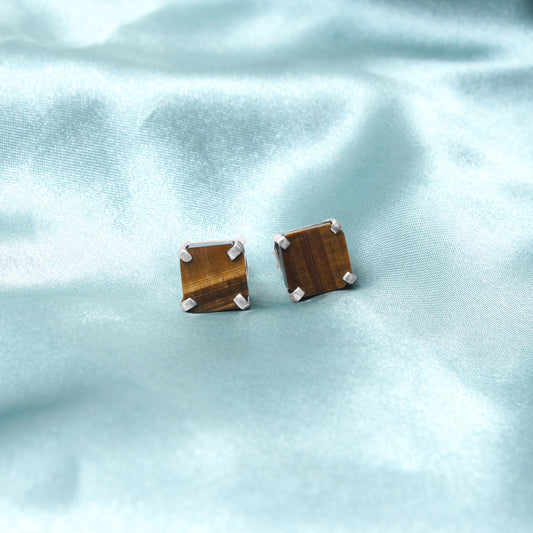 925 Sterling Silver Natural Tiger Eye Stud Earrings – Bold Square Cut Gemstone Earrings for Confidence & Protection