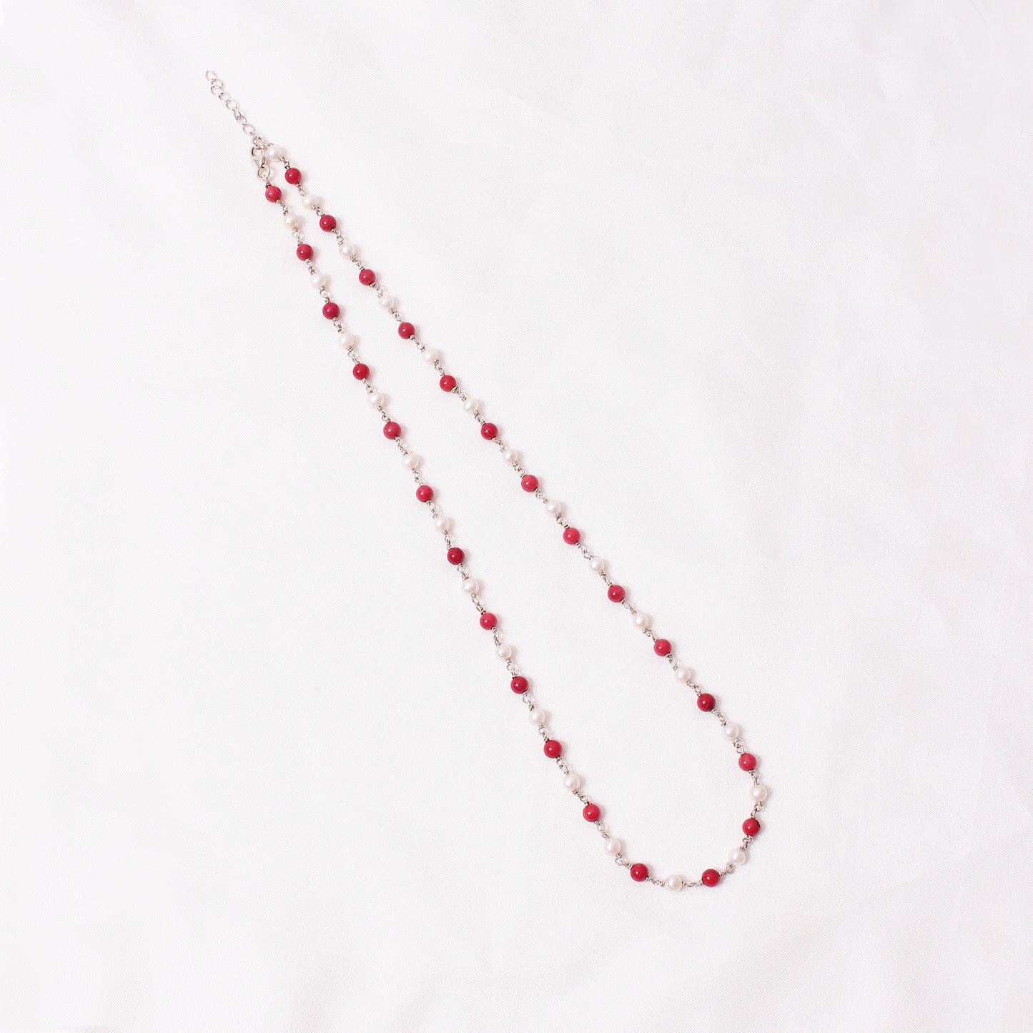 925 Sterling Silver Pearl and Red Coral Beaded Necklace - Elegant Handmade Jewelry