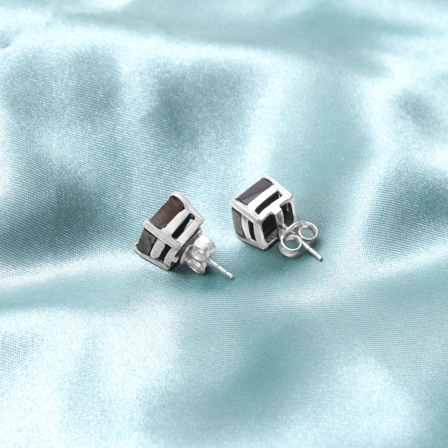 925 Sterling Silver Natural Tiger Eye Stud Earrings – Bold Square Cut Gemstone Earrings for Confidence & Protection