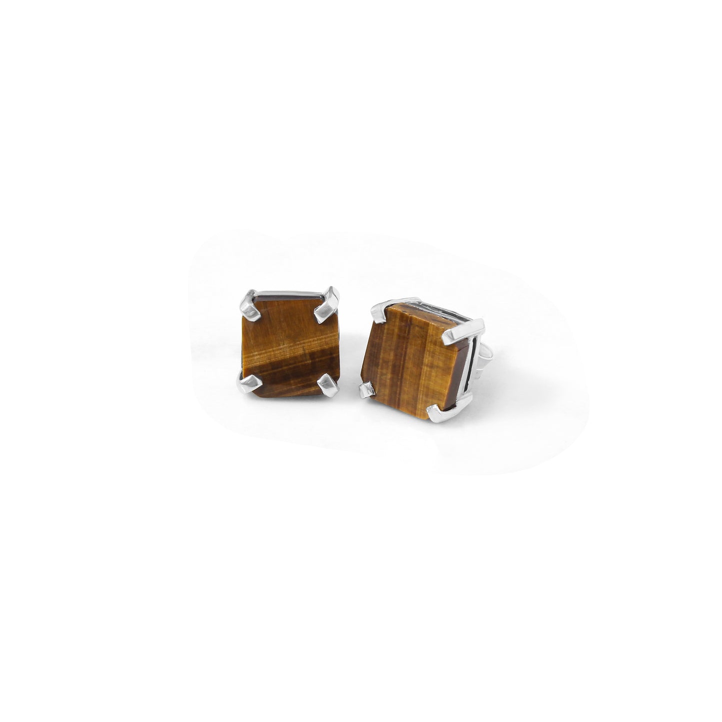 925 Sterling Silver Natural Tiger Eye Stud Earrings – Bold Square Cut Gemstone Earrings for Confidence & Protection