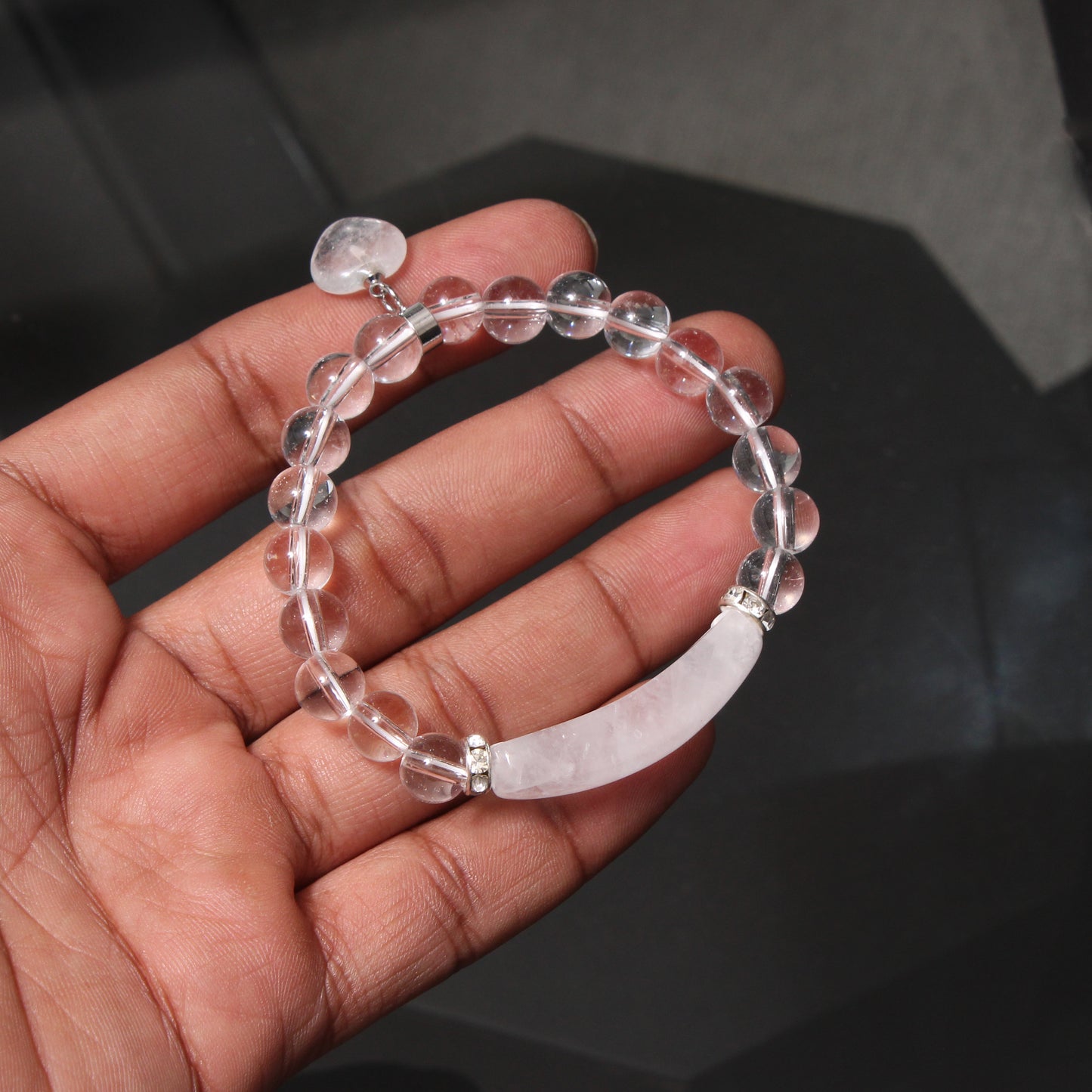 Crystal Quartz Stretch Bracelet With Heart Charm