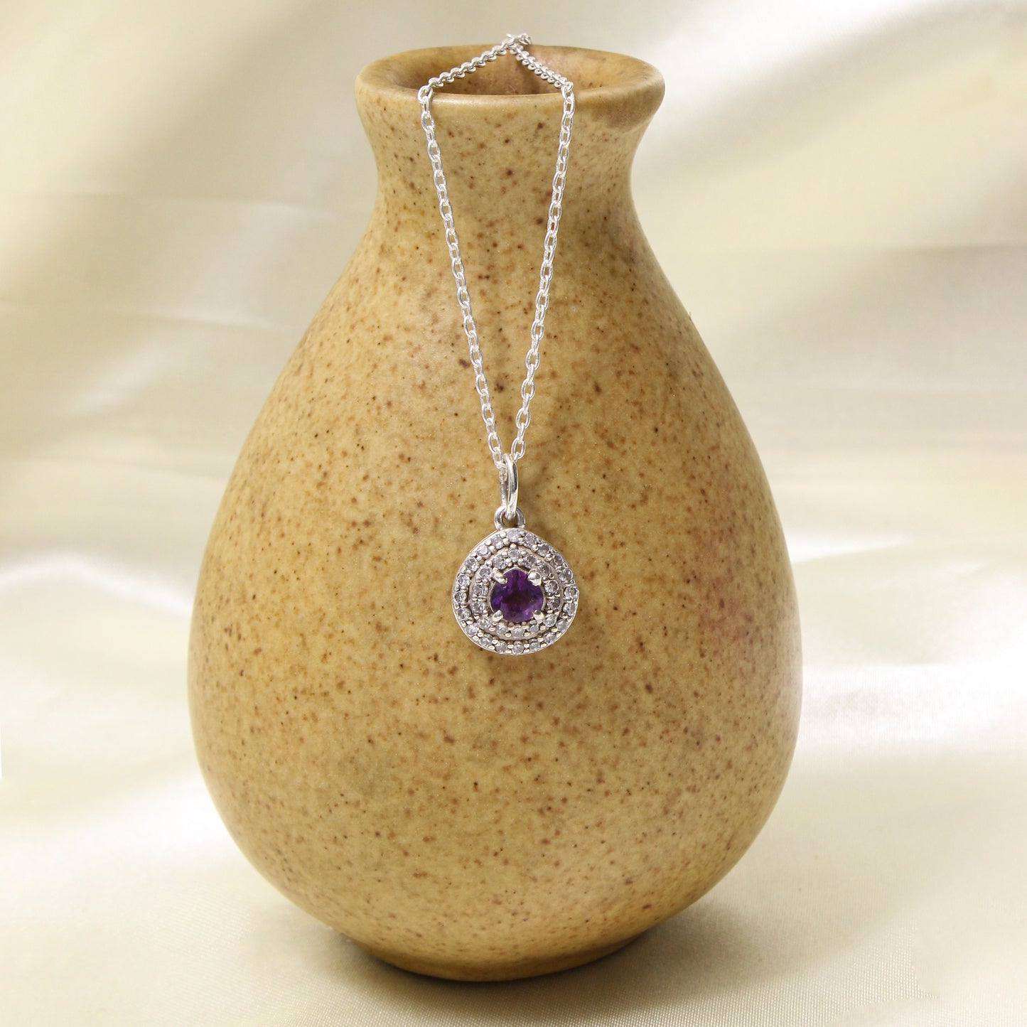Elegant Natural Amethyst Halo Pendant Necklace in Sterling Silver – Symbol of Peace, Protection & Inner Strength