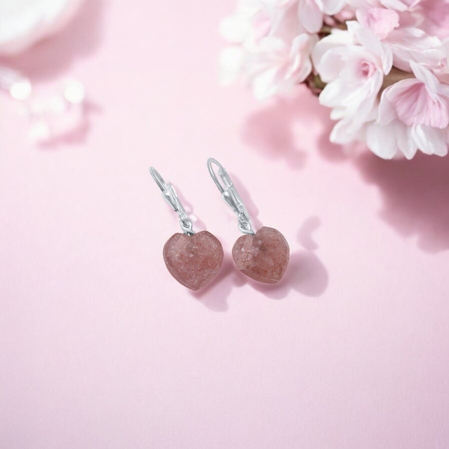 Natural Peach Moonstone Heart Earrings – 925 Sterling Silver Handmade Dangle Earrings, Romantic Gemstone Jewelry Gift for Her