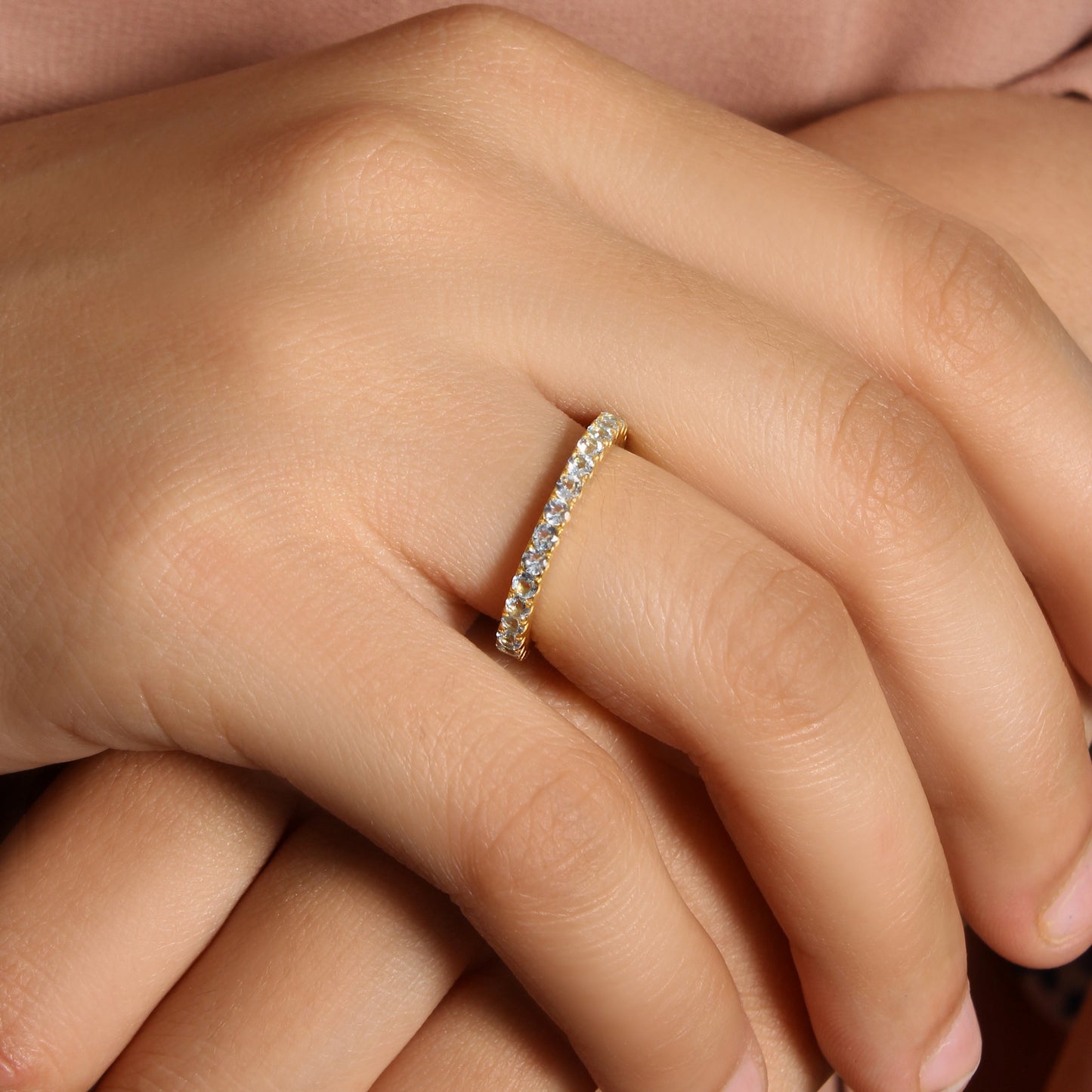 925 Sterling Silver Aquamarine Eternity Band Ring – Elegant, Timeless & Natural Beauty