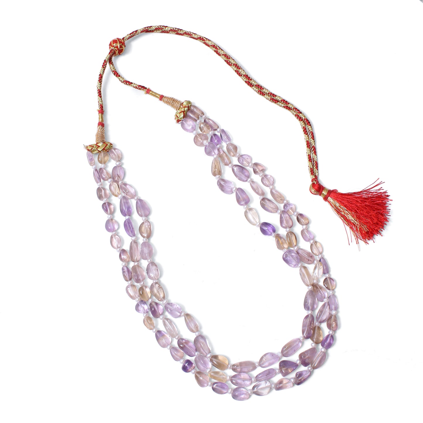 Genuine Natural Ametrine 3-Layer Beaded Sarafa Necklace | Purple & Golden Quartz Healing Crystal Jewelry