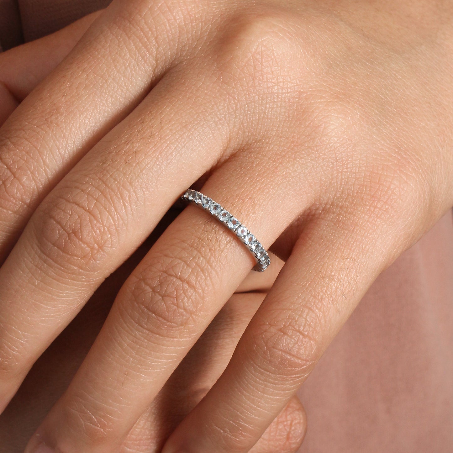 925 Sterling Silver Aquamarine Eternity Band Ring – Elegant, Timeless & Natural Beauty